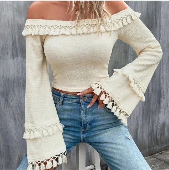 Apricot Boho Womens Off Shoulder Fringe Trim Flounce Sleeve Blouse - Picture 1 of 5